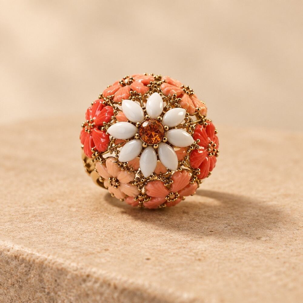 Vintage 1960s Enamel Floral Dome Ring